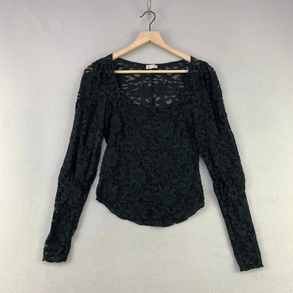 Free People Intimately Lace Top Women SP Black Romantic Square Neck Sheer Floral